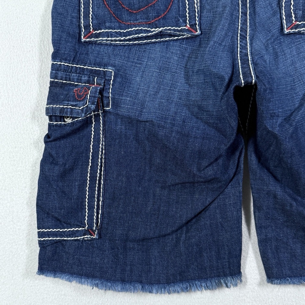 True Religion Cargo Shorts Men 36 Big T Red Stitch Denim Cut Off Drawstring Jean - Picture 6 of 15